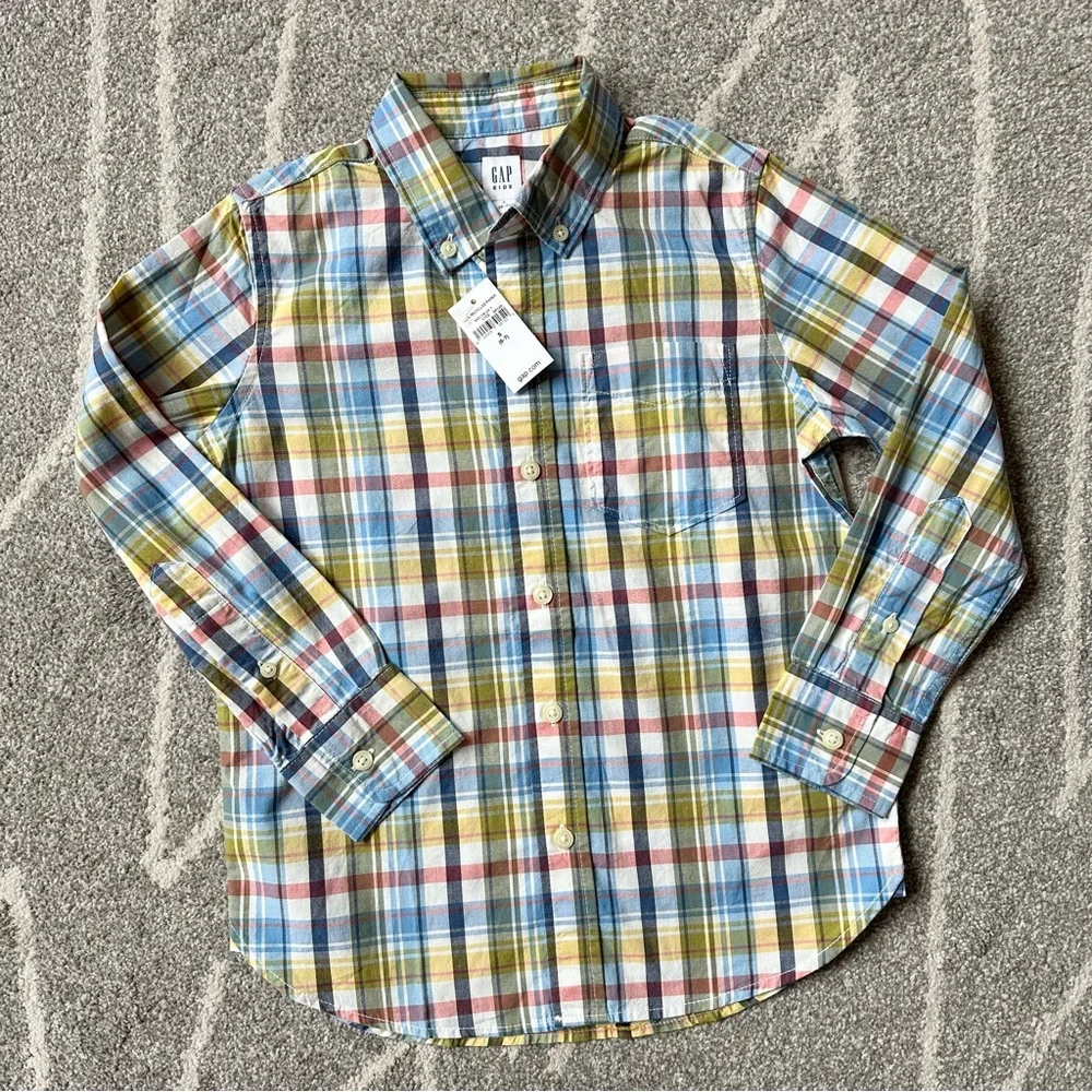 Gap Boys Cotton Plaid Blue Yellow Red Spring Button Down Shirt S (6-7)